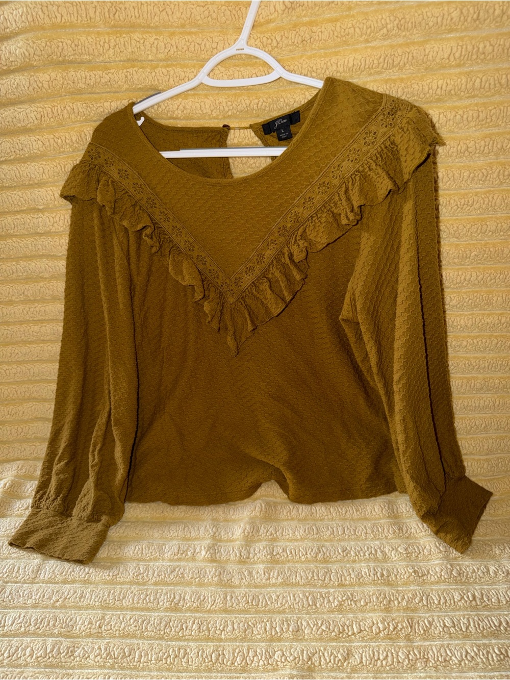 J. Crew Mustard Ruffle V-Yoke Long Sleeve Top